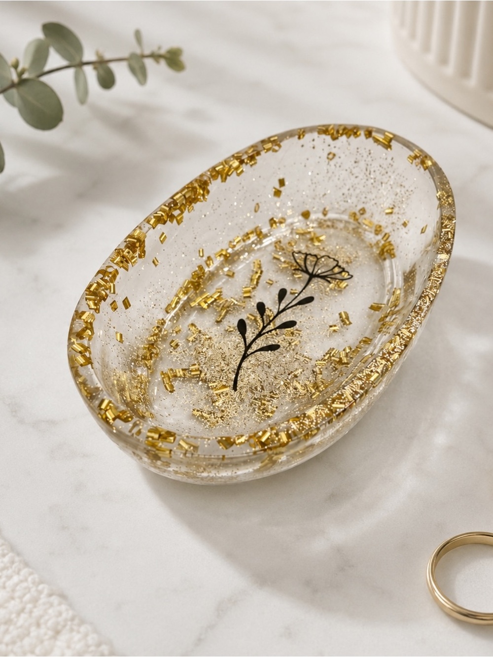 Clear Resin Jewelry Dish with Gold Flakes and Black Floral Accent